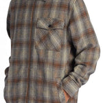 DC Canyon Full Zip Flannel 2024 - A plaid flannel jacket with a zip front and two chest pockets, featuring a brown, grey, and white color scheme.