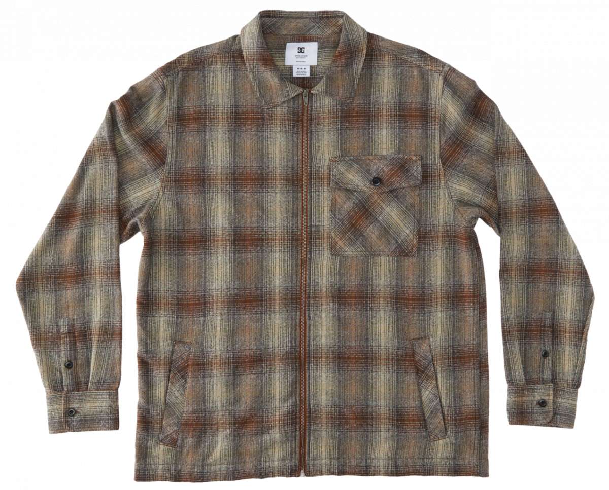DC Canyon Full Zip Flannel 2024 - A plaid flannel shirt with a full zip front and two chest pockets, featuring a brown and tan color scheme.