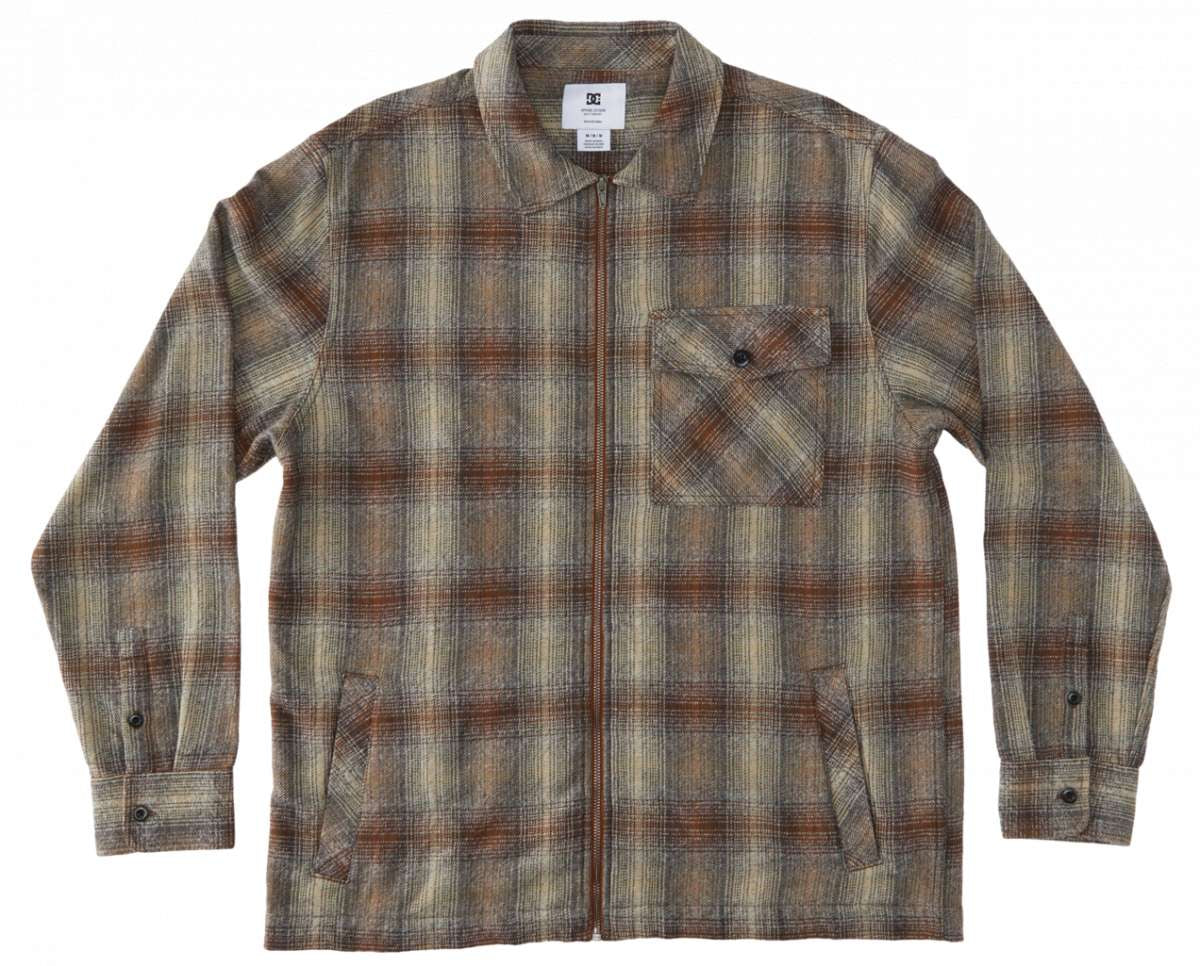 DC Canyon Full Zip Flannel 2024 - A plaid flannel shirt with a full zip front and two chest pockets, featuring a brown and tan color scheme.