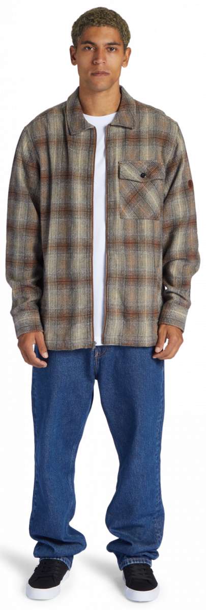DC Canyon Full Zip Flannel - A plaid flannel with a full zip front and chest pocket, featuring shades of brown, tan, and black.
