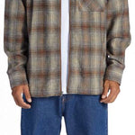 DC Canyon Full Zip Flannel - A plaid flannel with a full zip front and chest pocket, featuring shades of brown, tan, and black.