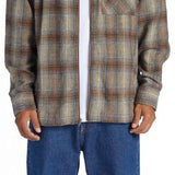 DC Canyon Full Zip Flannel - A plaid flannel with a full zip front and chest pocket, featuring shades of brown, tan, and black.