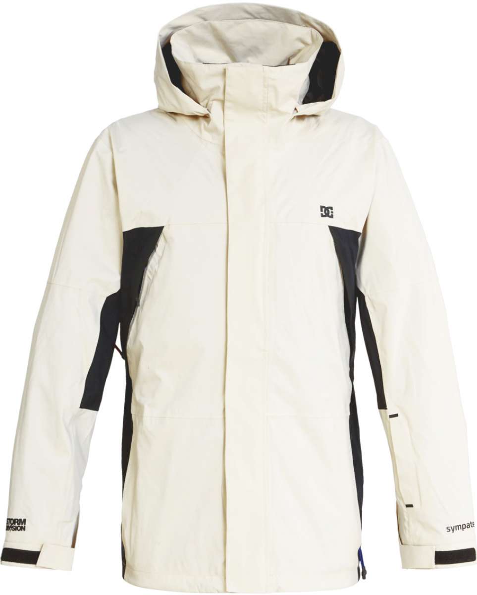 DC Command 45K Shell Jacket 2023 - A cream-colored jacket with black accents and a hood, featuring a zippered front and two side pockets.