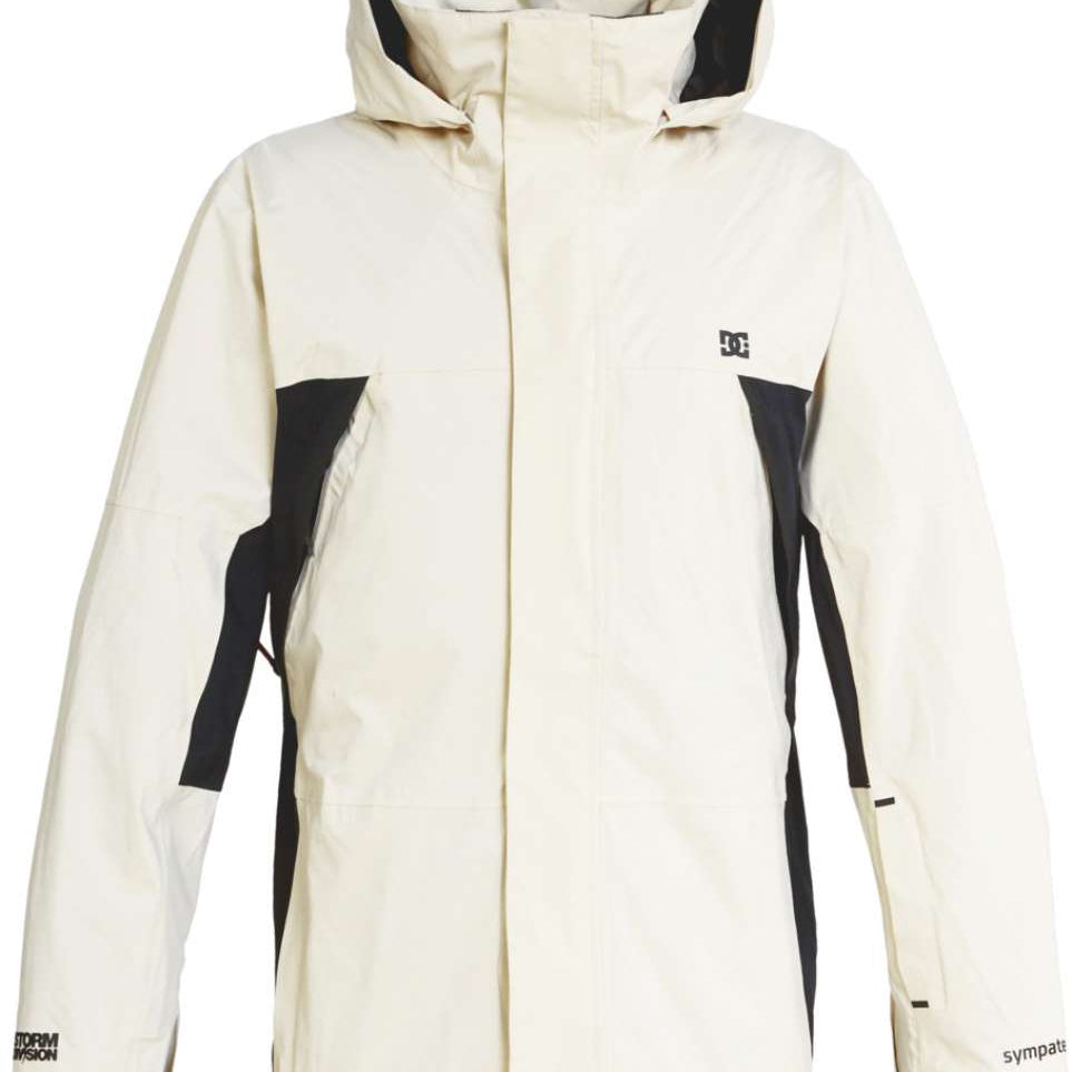 DC Command 45K Shell Jacket 2023 - A cream-colored jacket with black accents and a hood, featuring a zippered front and two side pockets.