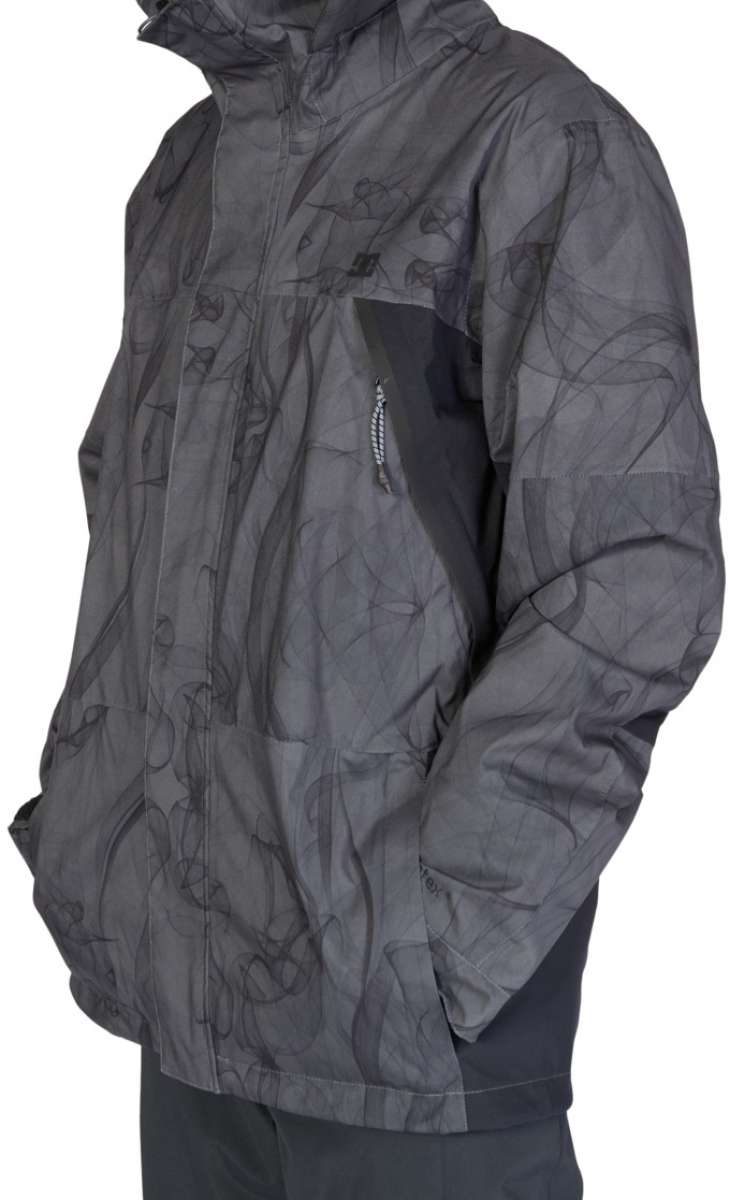 DC Command 45K Shell Jacket 2023 - A black jacket with a subtle, abstract pattern of dark gray lines and shapes.