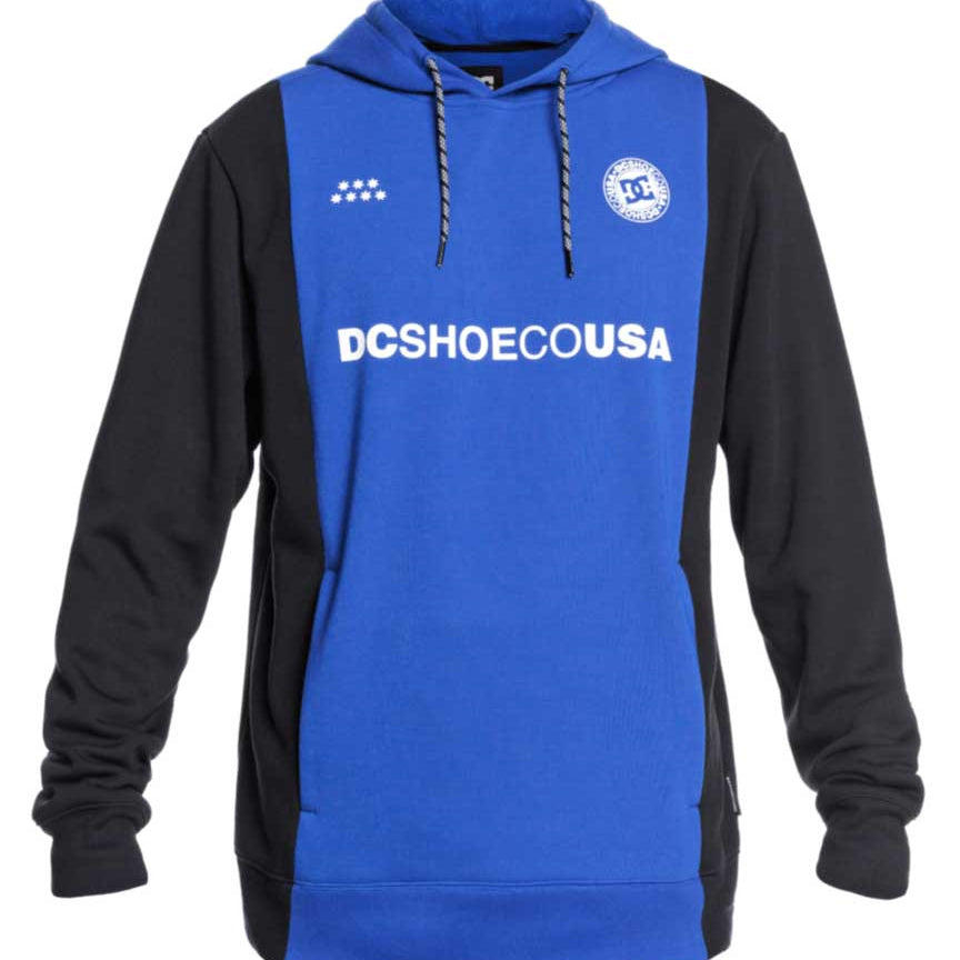DC DCFC Technical Hoodie 2021 - A royal blue hoodie with a white DC logo on the chest and a small white tag on the left side of the neckline.