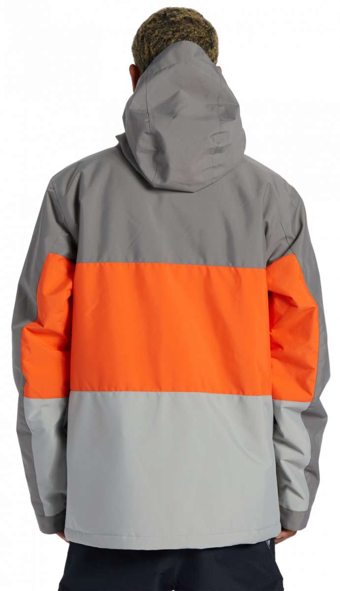 DC Defy Insulated Jacket 2024 - A grey jacket with an orange stripe across the chest and back, featuring a hood.