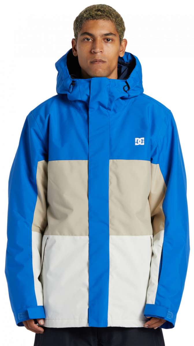 DC Defy Insulated Jacket 2024 - A blue, tan, and white jacket with a hood, featuring a zippered front and two side pockets.