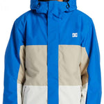 DC Defy Insulated Jacket 2024 - A blue, tan, and white jacket with a hood, featuring a zippered front and two side pockets.