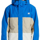 DC Defy Insulated Jacket 2024 - A blue, tan, and white jacket with a hood, featuring a zippered front and two side pockets.