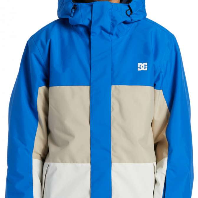 DC Defy Insulated Jacket 2024 - A blue, tan, and white jacket with a hood, featuring a zippered front and two side pockets.