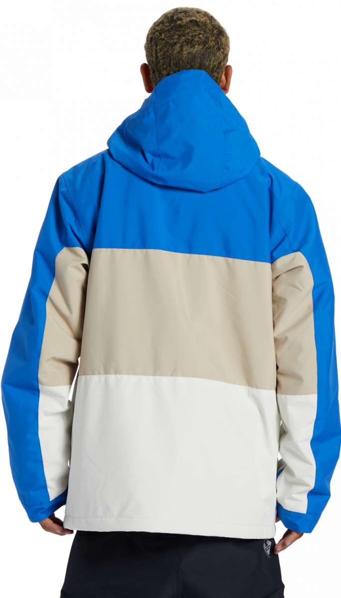 DC Defy Insulated Jacket 2024 - A blue, tan, and white jacket with a hood, featuring a zippered front and two side pockets.