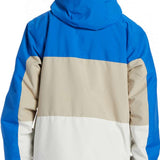 DC Defy Insulated Jacket 2024 - A blue, tan, and white jacket with a hood, featuring a zippered front and two side pockets.