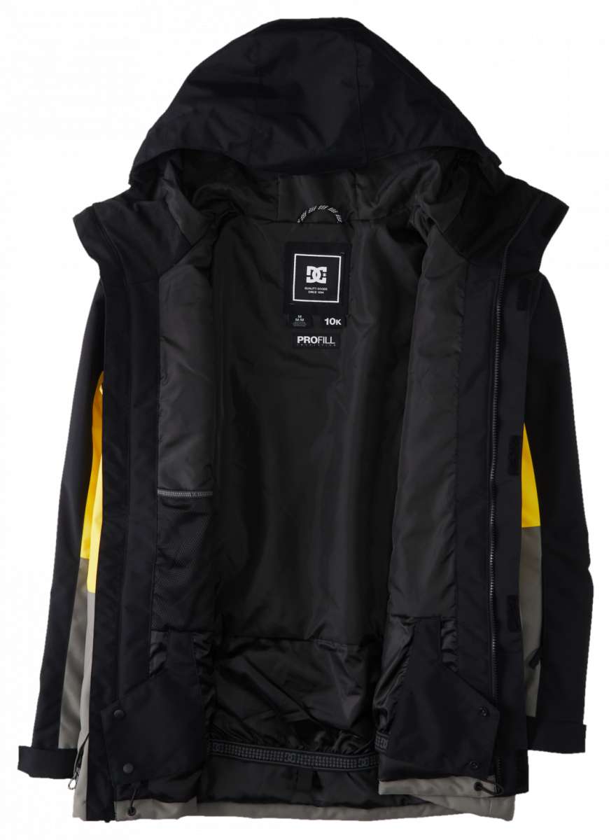 DC Defy Insulated Jacket 2024 - A black jacket with a white logo on the chest and yellow accents on the sleeves.