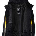 DC Defy Insulated Jacket 2024 - A black jacket with a white logo on the chest and yellow accents on the sleeves.