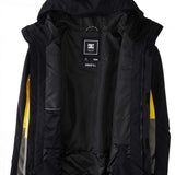 DC Defy Insulated Jacket 2024 - A black jacket with a white logo on the chest and yellow accents on the sleeves.
