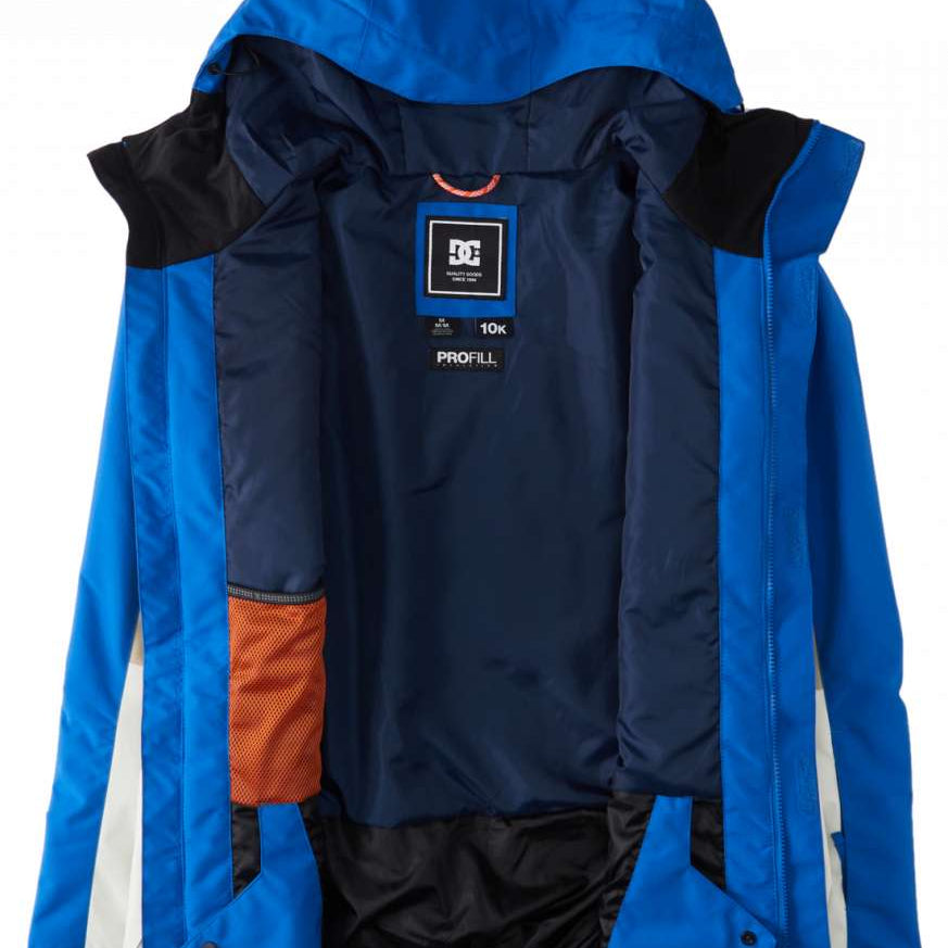 DC Defy Insulated Jacket 2024 - A navy blue jacket with a black hood and white accents on the sleeves.