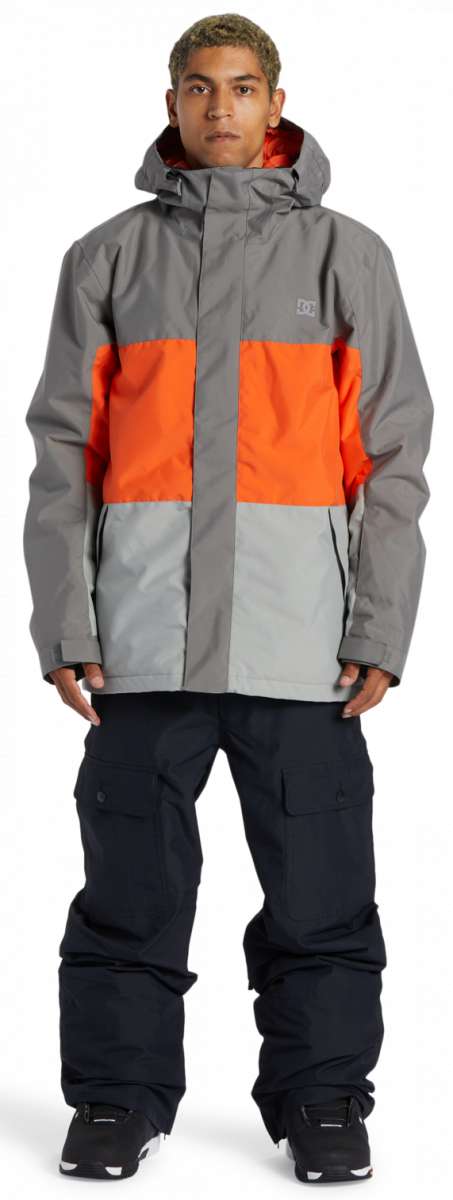 DC Defy Insulated Jacket - A grey jacket with an orange stripe across the chest and a hood.