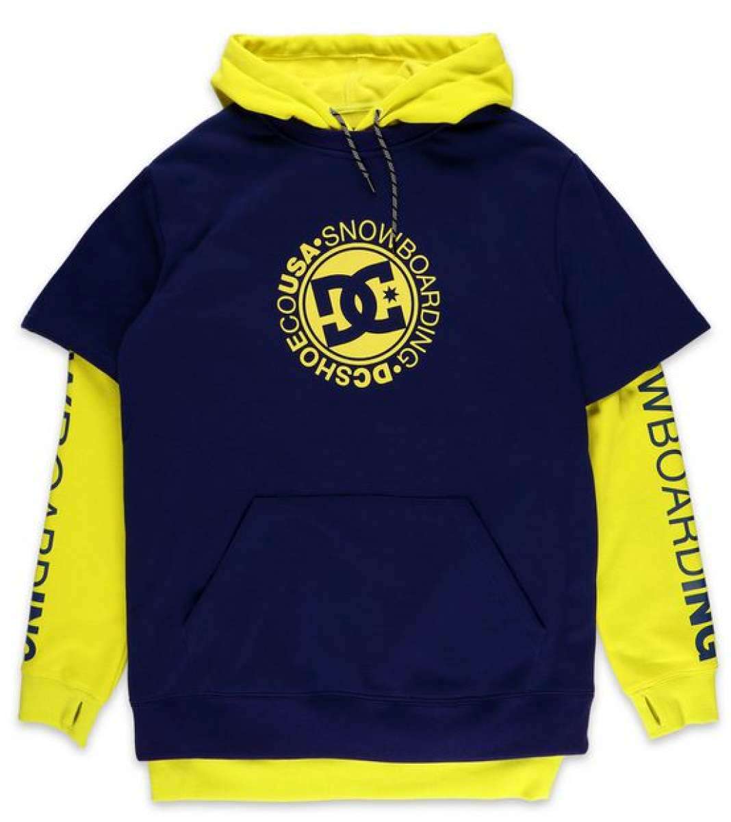 DC Dryden Fleece Hoodie 2022 - A navy blue hoodie with a large yellow DC logo on the chest and matching drawstrings.