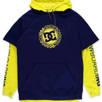 DC Dryden Fleece Hoodie 2022 - A navy blue hoodie with a large yellow DC logo on the chest and matching drawstrings.