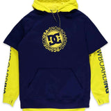 DC Dryden Fleece Hoodie 2022 - A navy blue hoodie with a large yellow DC logo on the chest and matching drawstrings.