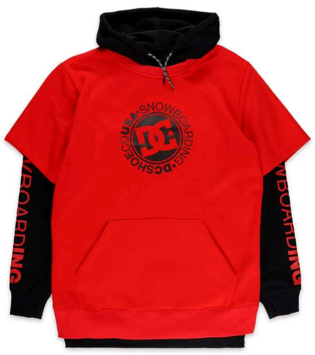 DC Dryden Fleece Hoodie - A red hoodie with a black hood and drawstrings, featuring a large DC logo in black on the chest.