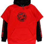 DC Dryden Fleece Hoodie - A red hoodie with a black hood and drawstrings, featuring a large DC logo in black on the chest.