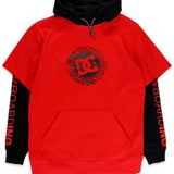 DC Dryden Fleece Hoodie - A red hoodie with a black hood and drawstrings, featuring a large DC logo in black on the chest.
