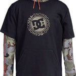 DC Dryden Fleece Hoodie 2022 - A dark gray hoodie with a large, circular logo featuring "DC" in black letters and a star at its center.