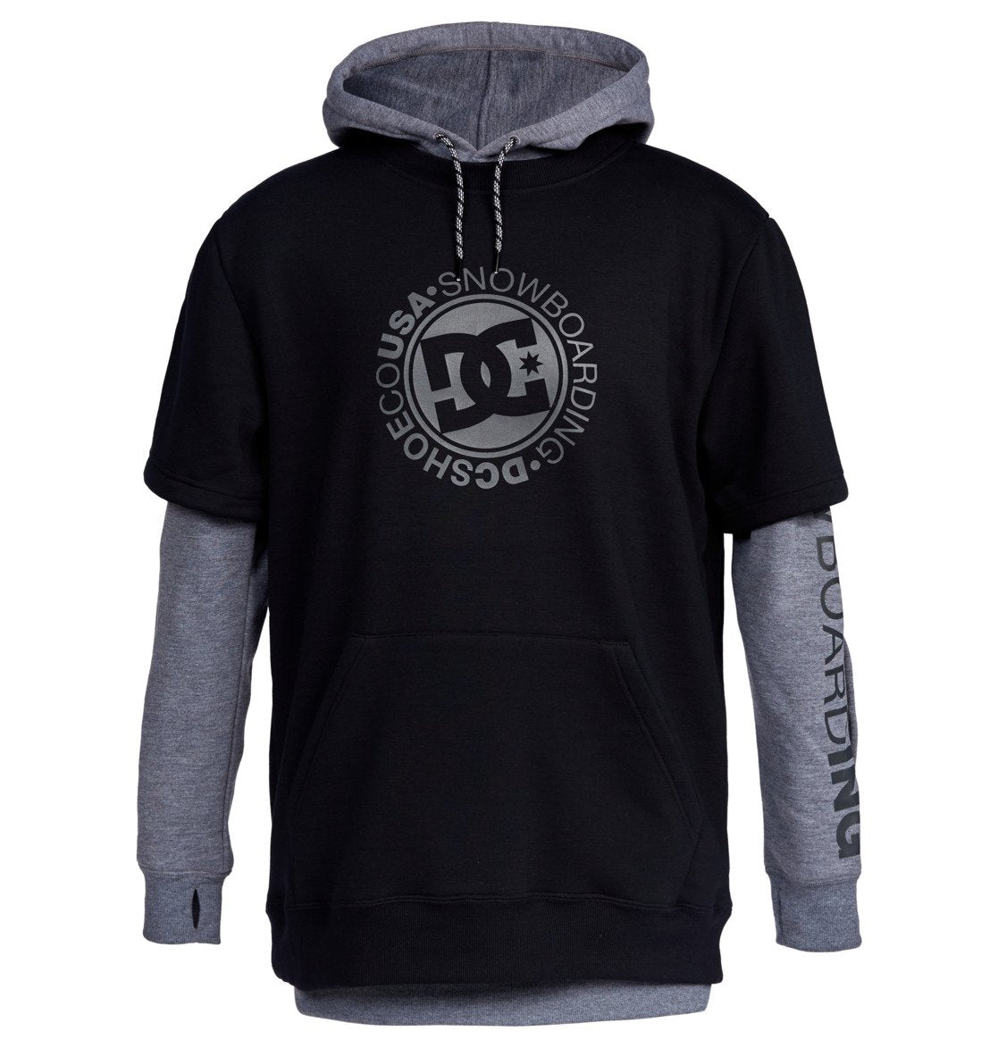 DC Dryden Fleece Hoodie 2022 - A black hoodie with a large, circular logo in gray featuring the letters "DC" and a star at its center.