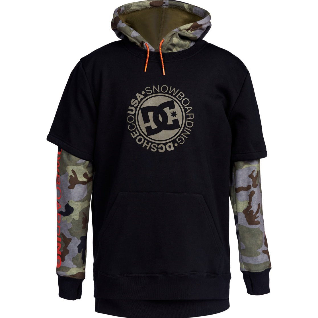 DC Dryden Fleece Hoodie 2022 - A black hoodie with a large, circular logo in the center featuring the letters "DC" and the words "Snowboarding USA".
