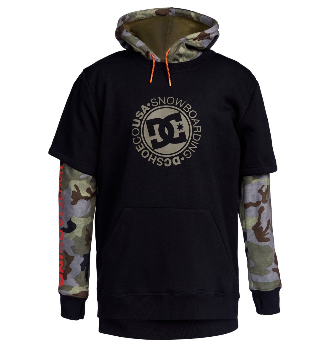 DC Dryden Fleece Hoodie 2022 - A black hoodie with a large, circular logo in the center featuring the letters "DC" and the words "Snowboarding USA".