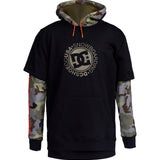 DC Dryden Fleece Hoodie 2022 - A black hoodie with a large, circular logo in the center featuring the letters "DC" and the words "Snowboarding USA".