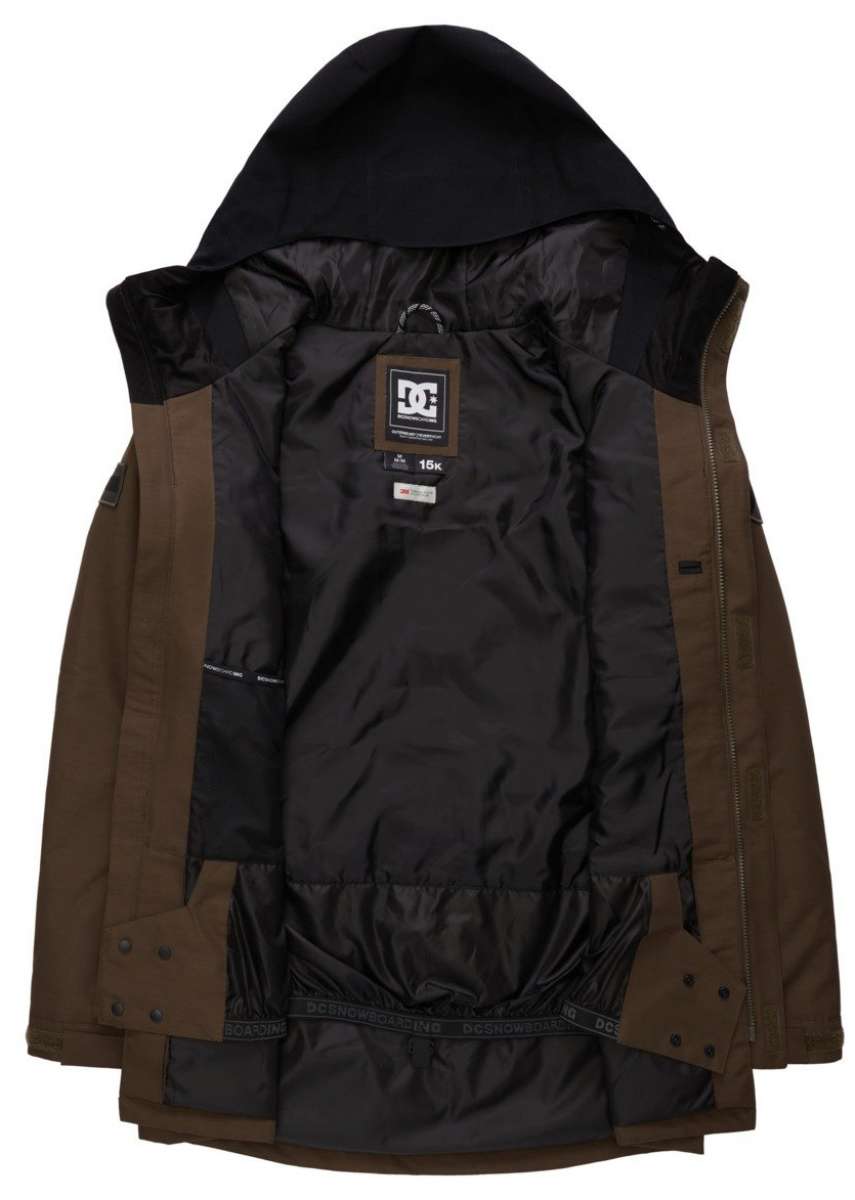 DC Haven Insulated Jacket 2022 - A brown jacket with a black hood, featuring a white logo on the chest and two zippered pockets on either side.