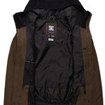 DC Haven Insulated Jacket 2022 - A brown jacket with a black hood, featuring a white logo on the chest and two zippered pockets on either side.