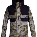 DC Haven Insulated Jacket 2022 - A camouflage-printed jacket with a black hood and two front pockets.