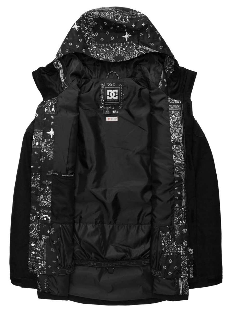 DC Haven Insulated Jacket 2022 - A black jacket with a bandana print lining and hood, featuring white stars and paisley designs.