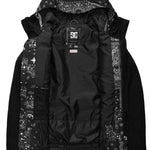 DC Haven Insulated Jacket 2022 - A black jacket with a bandana print lining and hood, featuring white stars and paisley designs.