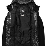 DC Haven Insulated Jacket 2022 - A black jacket with a bandana print lining and hood, featuring white stars and paisley designs.
