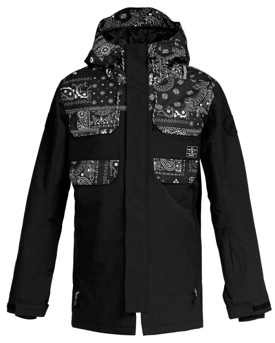 DC Haven Insulated Jacket 2022 - A black jacket with a bandana print on the chest and hood, featuring white designs of flowers, paisley, and other patterns.