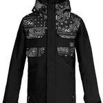DC Haven Insulated Jacket 2022 - A black jacket with a bandana print on the chest and hood, featuring white designs of flowers, paisley, and other patterns.