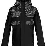 DC Haven Insulated Jacket 2022 - A black jacket with a bandana print on the chest and hood, featuring white designs of flowers, paisley, and other patterns.