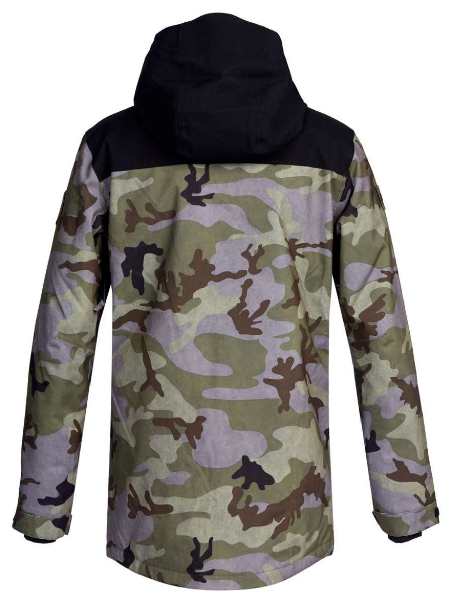 DC Haven Insulated Jacket 2022 - A camouflage-printed jacket with a black hood and shoulder panel.