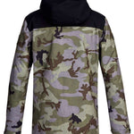 DC Haven Insulated Jacket 2022 - A camouflage-printed jacket with a black hood and shoulder panel.