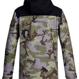 DC Haven Insulated Jacket 2022 - A camouflage-printed jacket with a black hood and shoulder panel.