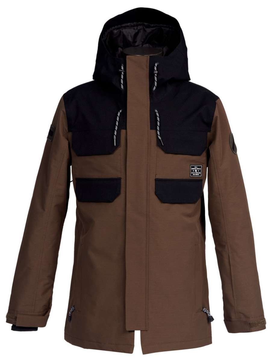 DC Haven Insulated Jacket 2022 - A brown jacket with black accents on the shoulders and chest, featuring a hood and two zippered pockets.