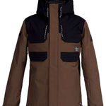 DC Haven Insulated Jacket 2022 - A brown jacket with black accents on the shoulders and chest, featuring a hood and two zippered pockets.