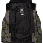 DC Haven Insulated Jacket 2022 - A black jacket with a hood, featuring a camouflage pattern on the sleeves and body.