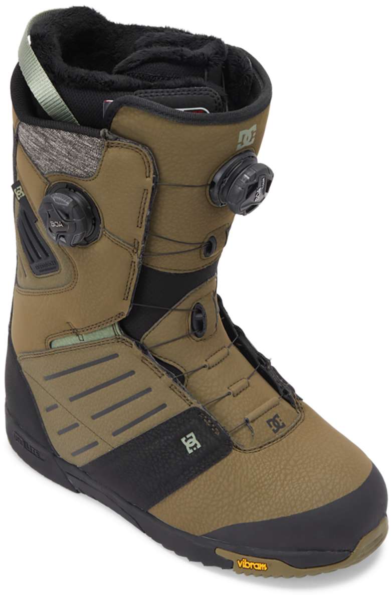 DC Judge BOA Snowboard Boots 2024 - A pair of tan snowboard boots with black accents and a gray pattern on the side, featuring two round black BOA dials.