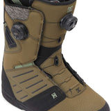 DC Judge BOA Snowboard Boots 2024 - A pair of tan snowboard boots with black accents and a gray pattern on the side, featuring two round black BOA dials.